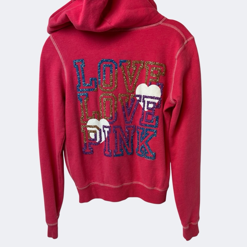 PINK Victoria's Secret Sequin “Love Pink” Zip Hoodie Pink Glitter Heart Size S - Picture 3 of 11